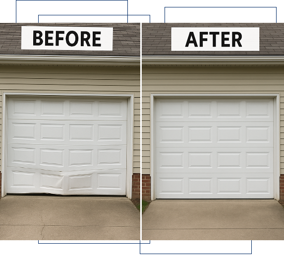 Before and after garage door repair showing improved look and function.